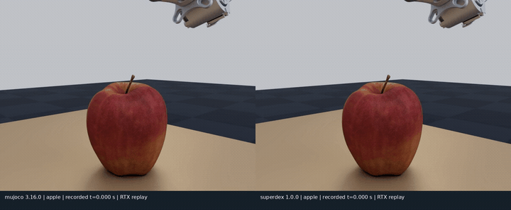 MuJoCo 3.16 / SuperDex 1.0 RTX replay